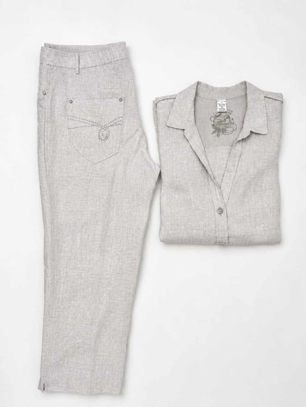 Olsen Europe 100% Linen Light Gray Two-Piece Set